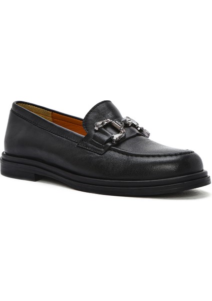 Kadın Siyah Tokalı Deri Loafer 25SFD510118