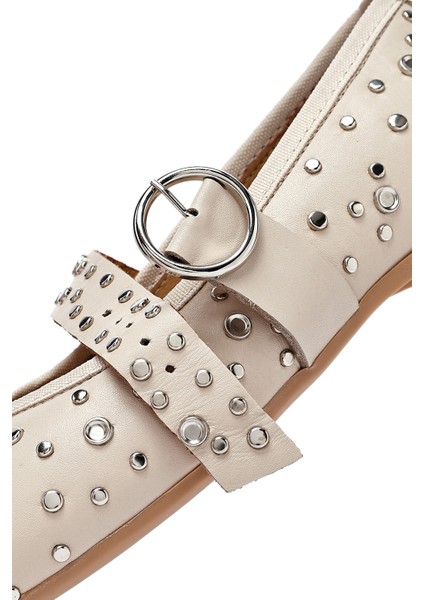 Kadın Bej Tokalı Taşlı Deri Babet 25SFD270718