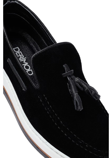Erkek Siyah Püsküllü Süet Deri Casual Loafer 25SFD681110