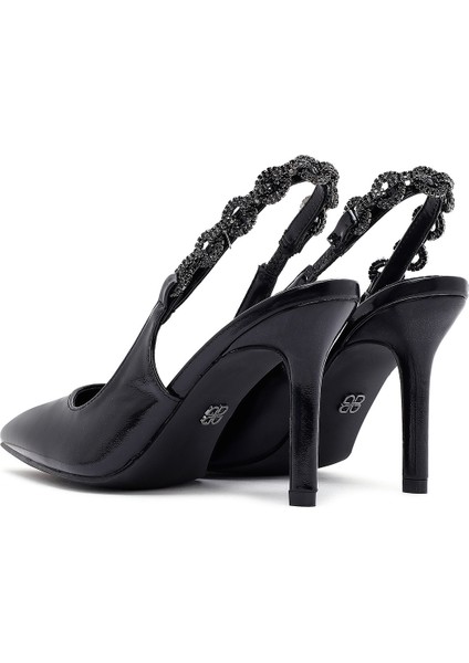 Kadın Siyah Taşlı Arkası Açık Metalik Ince Topuklu Ayakkabı 25SFE491332