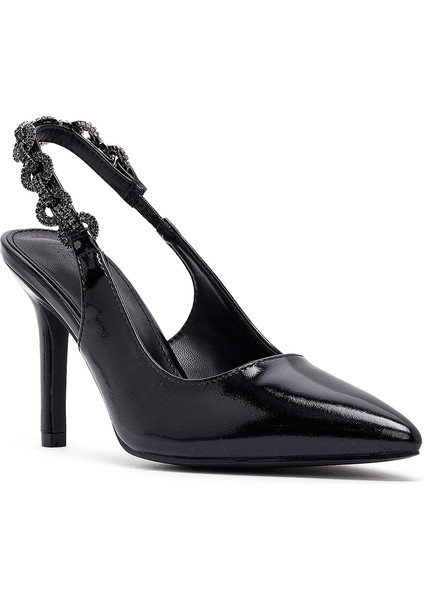 Kadın Siyah Taşlı Arkası Açık Metalik Ince Topuklu Ayakkabı 25SFE491332