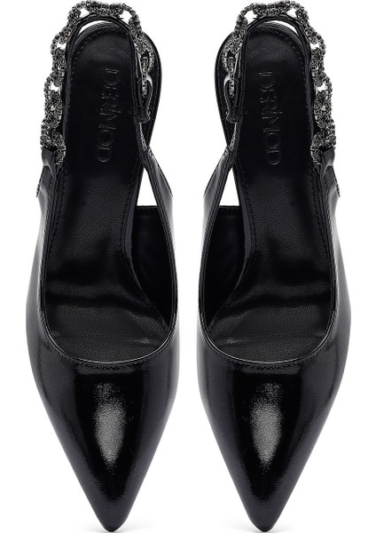 Kadın Siyah Taşlı Arkası Açık Metalik Ince Topuklu Ayakkabı 25SFE491332