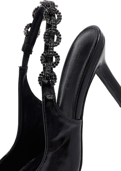 Kadın Siyah Taşlı Arkası Açık Metalik Ince Topuklu Ayakkabı 25SFE491332