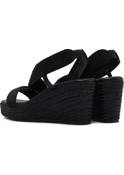 Kadın Siyah Dolgu Topuklu Örgü Espadril Sandalet 25SFE4938M7