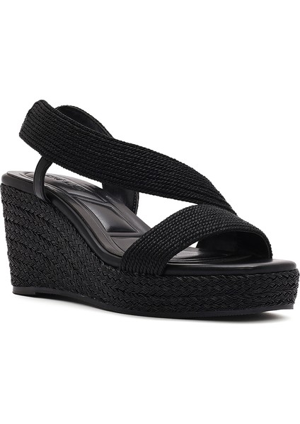 Kadın Siyah Dolgu Topuklu Örgü Espadril Sandalet 25SFE4938M7