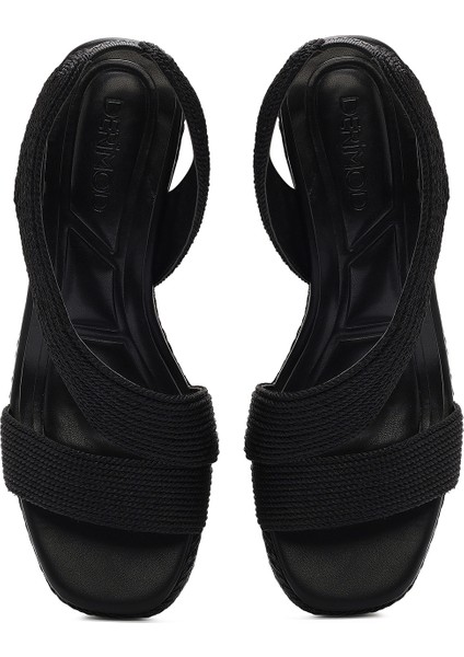 Kadın Siyah Dolgu Topuklu Örgü Espadril Sandalet 25SFE4938M7