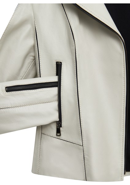 Kiara Kadın Bej Slim-Fit Biker Deri Ceket 24WGD5859U4