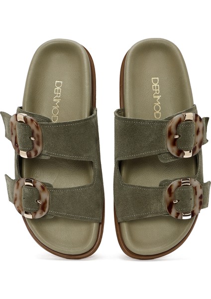 Kadın Yeşil Çift Tokalı Süet Deri Terlik 25SFD200710