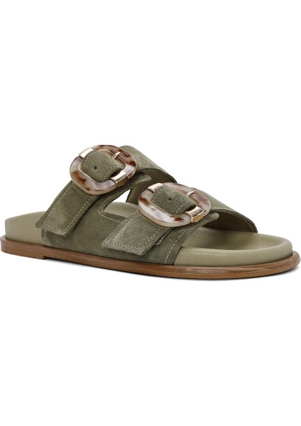 Kadın Yeşil Çift Tokalı Süet Deri Terlik 25SFD200710