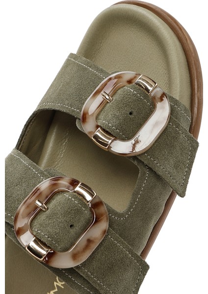 Kadın Yeşil Çift Tokalı Süet Deri Terlik 25SFD200710