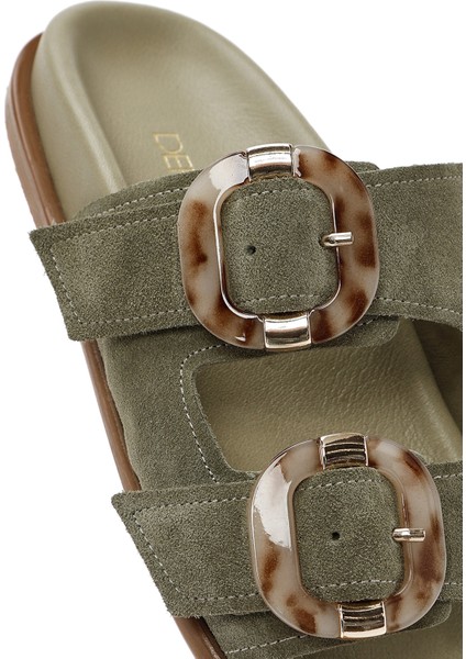 Kadın Yeşil Çift Tokalı Süet Deri Terlik 25SFD200710