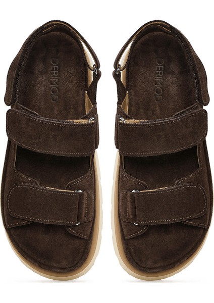 Kadın Kahverengi Çift Bantlı Süet Deri Sandalet 25SFD152910