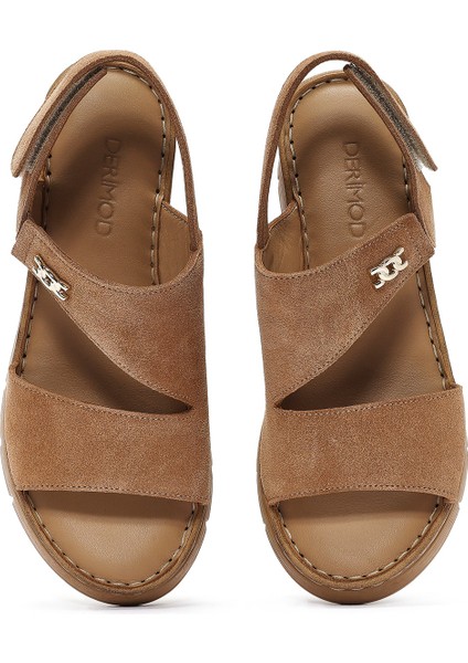 Kadın Taba Kalın Tabanlı Bilekten Tokalı Süet Deri Comfort Sandalet 25SFD342010