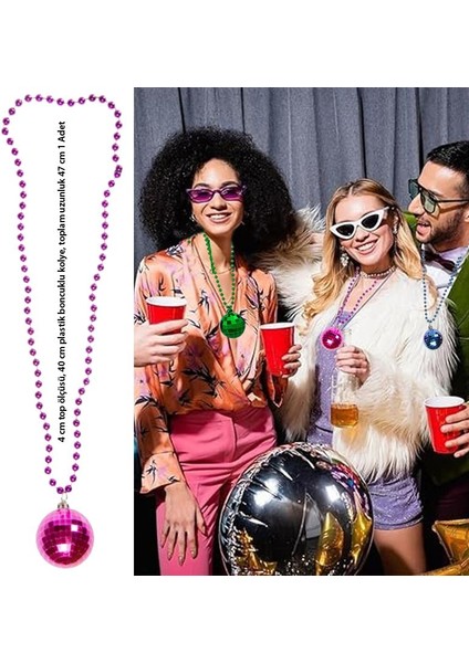 80S 90S Retro Plastik Disko Topu Şekilli Parti Kolyesi Pembe Renk 47 cm Hawai