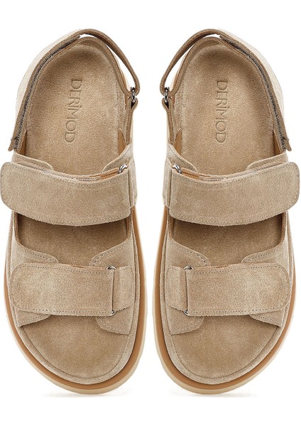 Kadın Bej Çift Bantlı Süet Deri Sandalet 25SFD152910