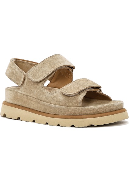 Kadın Bej Çift Bantlı Süet Deri Sandalet 25SFD152910