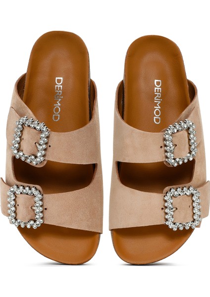 Kadın Pudra Taşlı Tokalı Süet Deri Terlik 25SFD150110