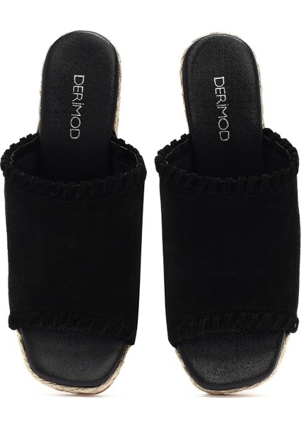 Kadın Siyah Dolgu Topuklu Süet Deri Espadril Terlik 25SFD150510