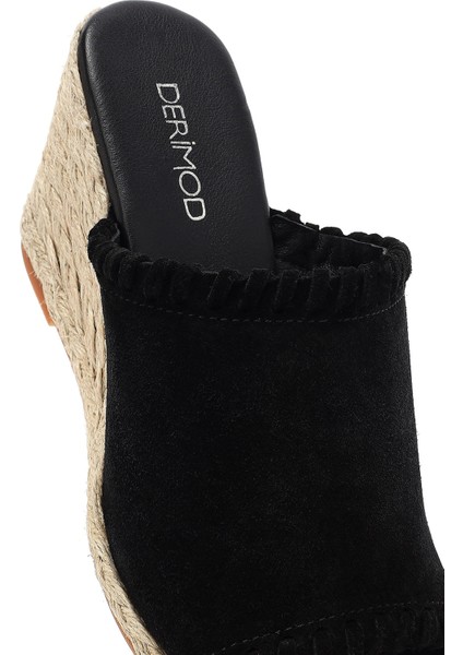 Kadın Siyah Dolgu Topuklu Süet Deri Espadril Terlik 25SFD150510