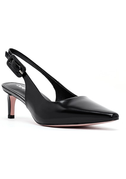 Kadın Siyah Arkası Açık Kısa Ince Topuklu Deri Ayakkabı 25SFD494222