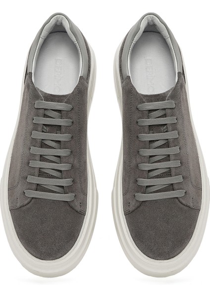 Erkek Gri Bağcıklı Kalın Tabanlı Süet Deri Sneaker 25SFD612910