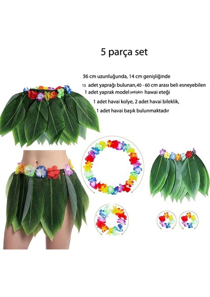 36 cm Yaprak Model Yeşil Renk Yetişkin Hawaii Eteği ve 4lü Kolye Set