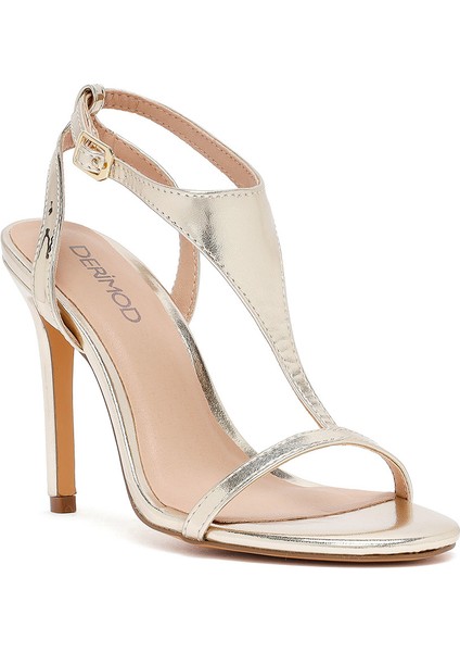 Kadın Altın Bilekten Tokalı Yüksek Ince Topuklu Metalik Sandalet 25SFD443032