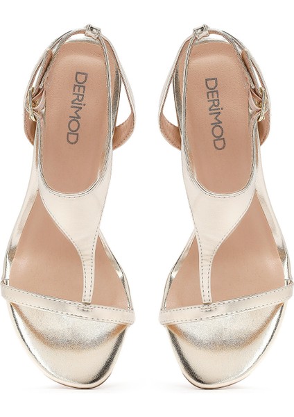 Kadın Altın Bilekten Tokalı Yüksek Ince Topuklu Metalik Sandalet 25SFD443032