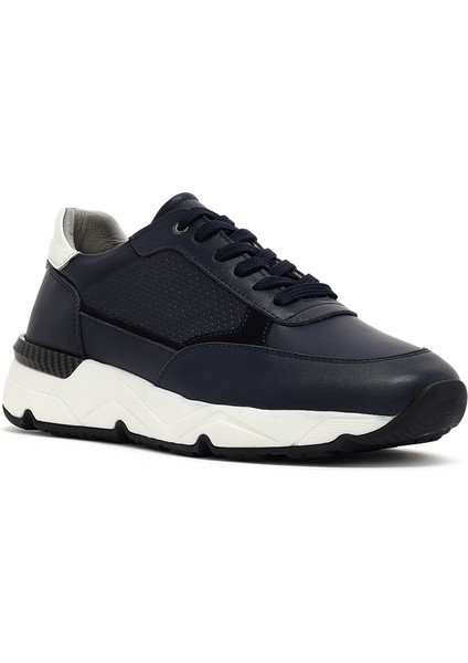 Erkek Lacivert Bağcıklı Kalın Tabanlı Deri Sneaker 25SFD675218