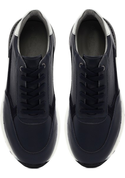 Erkek Lacivert Bağcıklı Kalın Tabanlı Deri Sneaker 25SFD675218