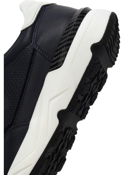 Erkek Lacivert Bağcıklı Kalın Tabanlı Deri Sneaker 25SFD675218