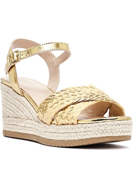 Kadın Altın Bilekten Tokalı Örgülü Dolgu Topuklu Espadril Sandalet 25sfe482614