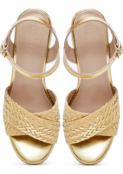 Kadın Altın Bilekten Tokalı Örgülü Dolgu Topuklu Espadril Sandalet 25sfe482614