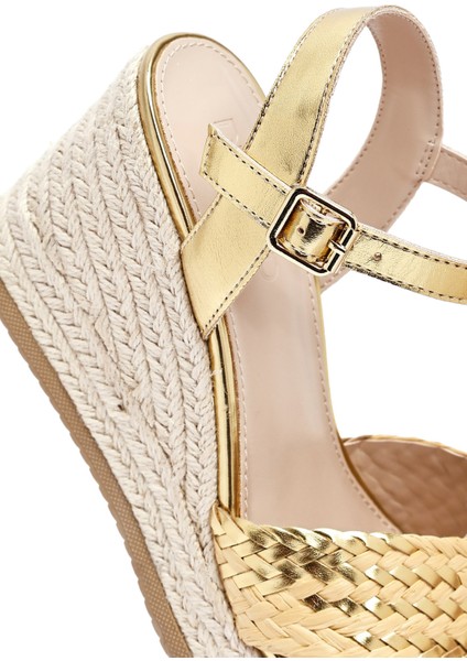 Kadın Altın Bilekten Tokalı Örgülü Dolgu Topuklu Espadril Sandalet 25sfe482614