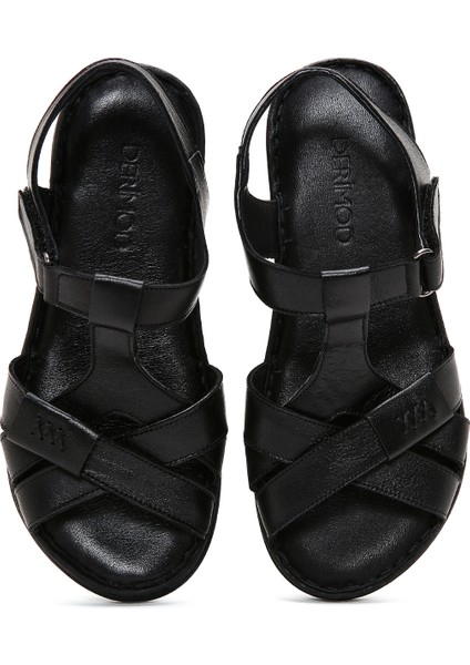 Kadın Siyah Bantlı Deri Comfort Sandalet 25SFD340318