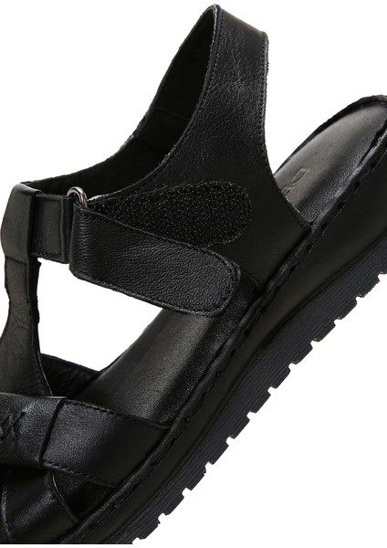 Kadın Siyah Bantlı Deri Comfort Sandalet 25SFD340318
