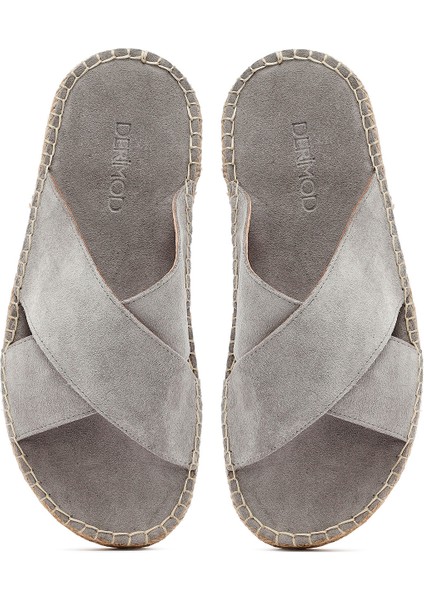 Erkek Gri Süet Deri Espadril Terlik 25SFD616110