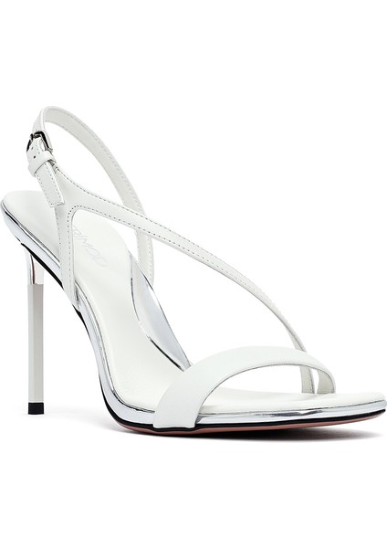 Kadın Beyaz Bilekten Bantlı Deri Ince Topuklu Sandalet 25SFD494618