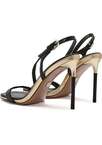 Kadın Siyah Bilekten Bantlı Deri Ince Topuklu Sandalet 25SFD494618