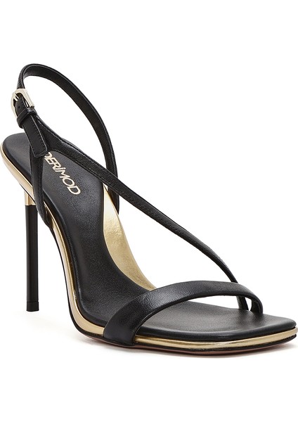 Kadın Siyah Bilekten Bantlı Deri Ince Topuklu Sandalet 25SFD494618