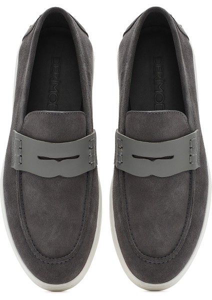 Erkek Gri Kalın Tabanlı Süet Deri Casual Loafer 25SFD740910