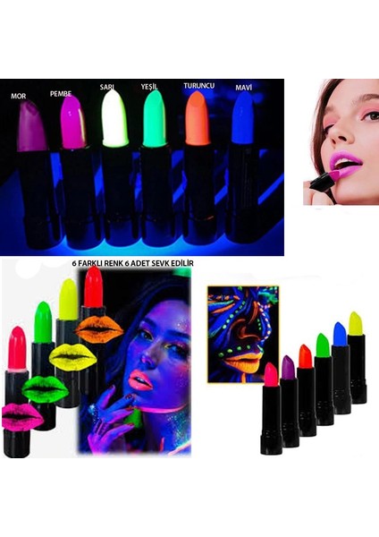 Karanlıkta Parlayan Neon Glow Ruj Uv Floresan Işık Duyarlı Ruj Farklı Renk 6 Adet Retro
