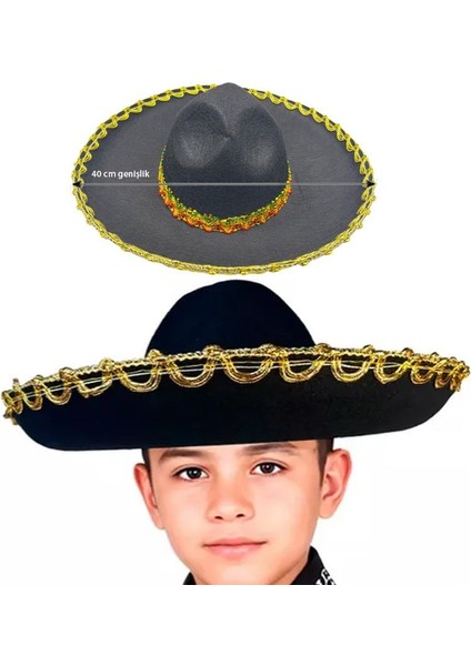 Siyah Renk Keçe Kumaş Meksikalı Latin Mariachi Şapkası Altın Şeritli Çocuk Hawaian