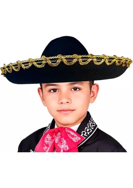Siyah Renk Keçe Kumaş Meksikalı Latin Mariachi Şapkası Altın Şeritli Çocuk Hawaian modelleri