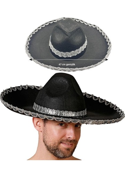 Siyah Renk Keçe Kumaş Meksikalı Latin Mariachi Şapkası Gümüş Şeritli Yetişkin Hawaian
