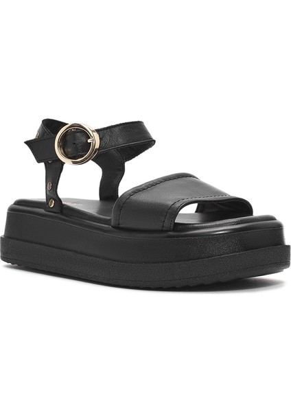 Kadın Siyah Bilekten Tokalı Kalın Tabanlı Deri Sandalet 25SFD201518