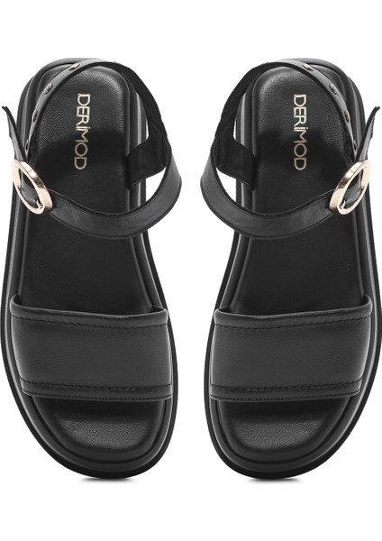 Kadın Siyah Bilekten Tokalı Kalın Tabanlı Deri Sandalet 25SFD201518