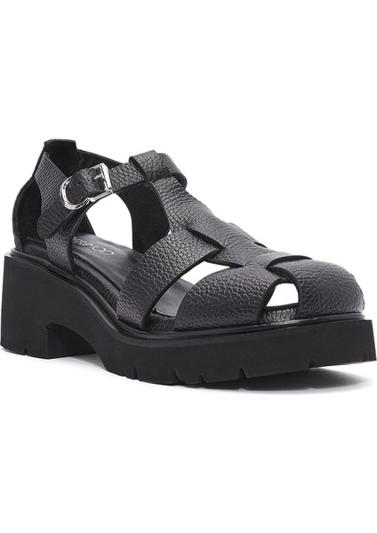 Kadın Siyah Bilekten Bağlamalı Kalın Topuklu Deri Sandalet 25SFD2016FT