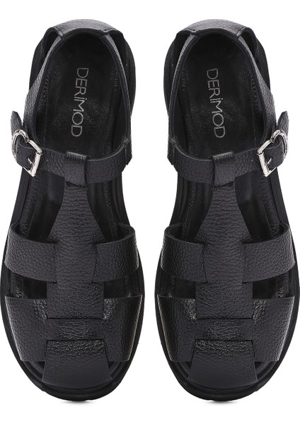 Kadın Siyah Bilekten Bağlamalı Kalın Topuklu Deri Sandalet 25SFD2016FT