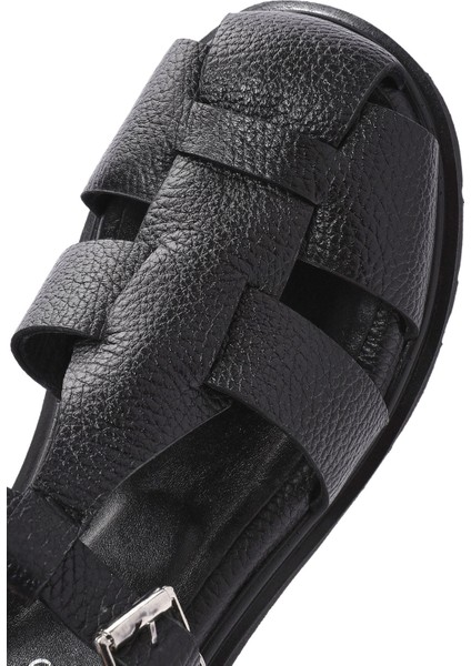 Kadın Siyah Bilekten Bağlamalı Kalın Topuklu Deri Sandalet 25SFD2016FT